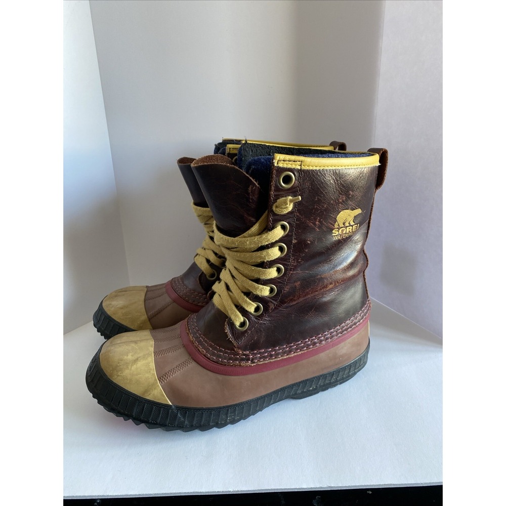 Vintage Sorel Sentry Original Snow Boots US Mens 8 Saddle Brown Yellow Grunge